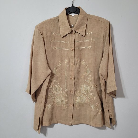 Vintage linen button down shirt and shell, tan, large - Picture 4 of 12